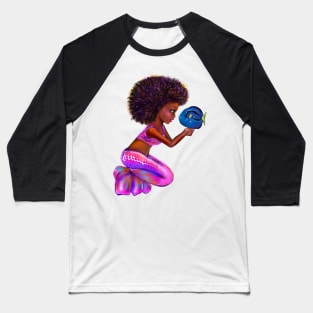 Black anime mermaid with blue tang fish, beautiful  black girl with Afro hair, green eyes, Cherry pink lips and dark brown skin. Hair love ! Baseball T-Shirt